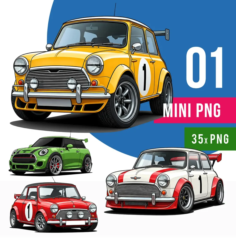Mini Cooper Auto Klasyk – Zestaw 35 Retro Grafik PNG do Pobrania