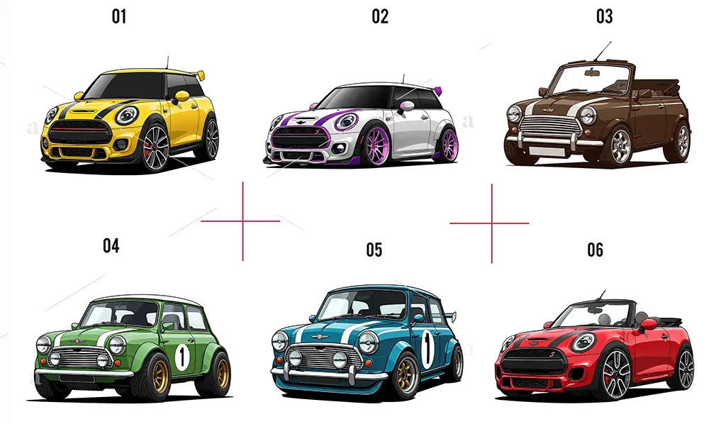 Mini Cooper Auto Klasyk – Zestaw 35 Retro Grafik PNG do Pobrania