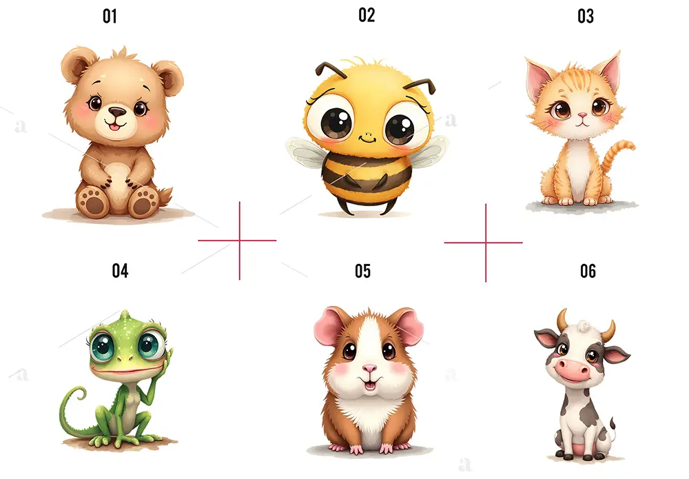 Zwierzęce Ilustracje PNG – Twój Klucz do Projektów miś, pszczoła, kot, chomik, krowa, jaszczurka