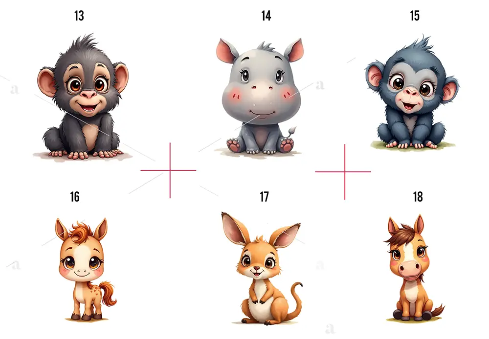 Zwierzęta Ilustracje PNG – małpka, goryl, hipopotam, koń, kangur, konik