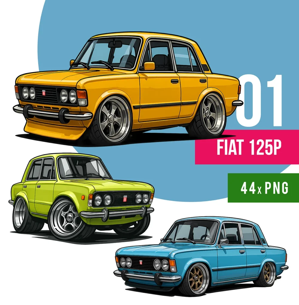 Kultowe Fiaty 125P w kolorowych grafikach PNG – dla miłośników polskiej motoryzacji