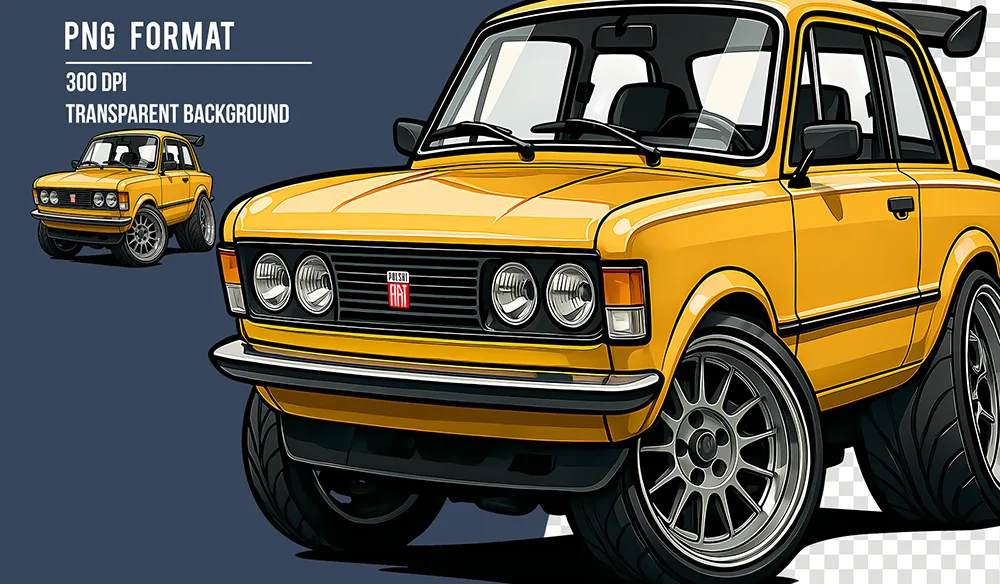 Kultowe Fiaty 125P w kolorowych grafikach PNG – dla miłośników polskiej motoryzacji