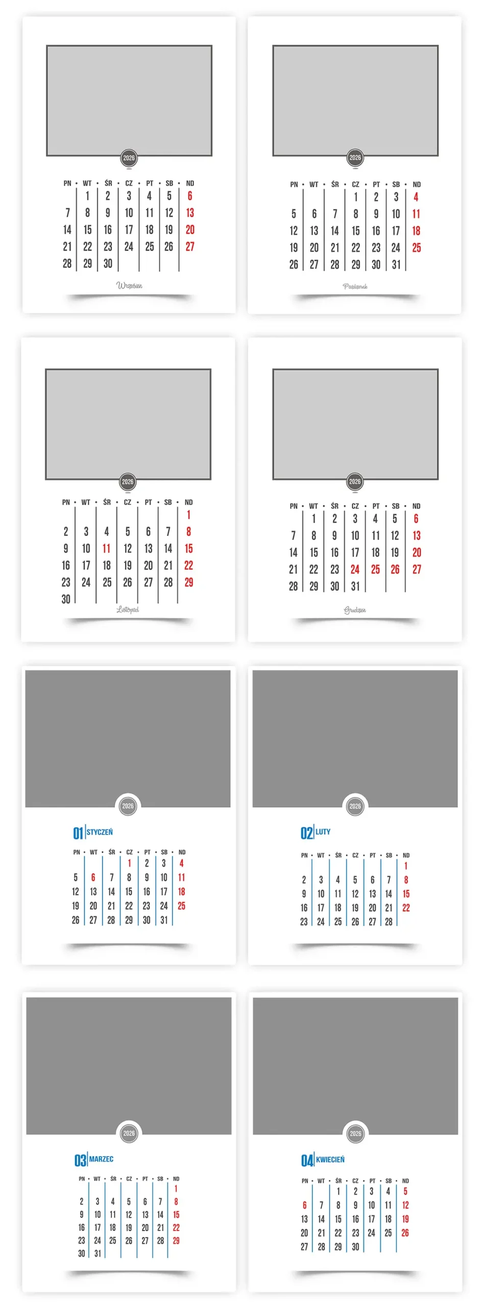 Designerskie szablony kalendarzy psd A3 2026 – do druku