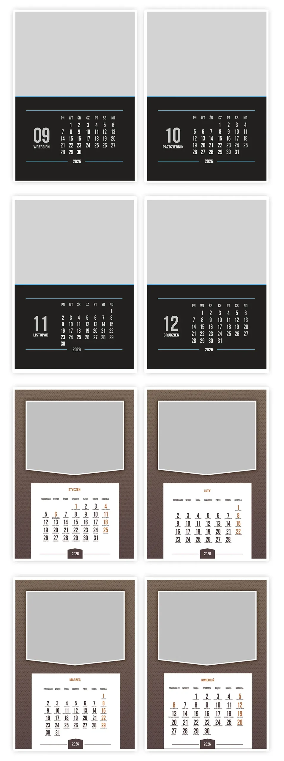 Designerskie szablony kalendarzy psd A3 2026 – do druku