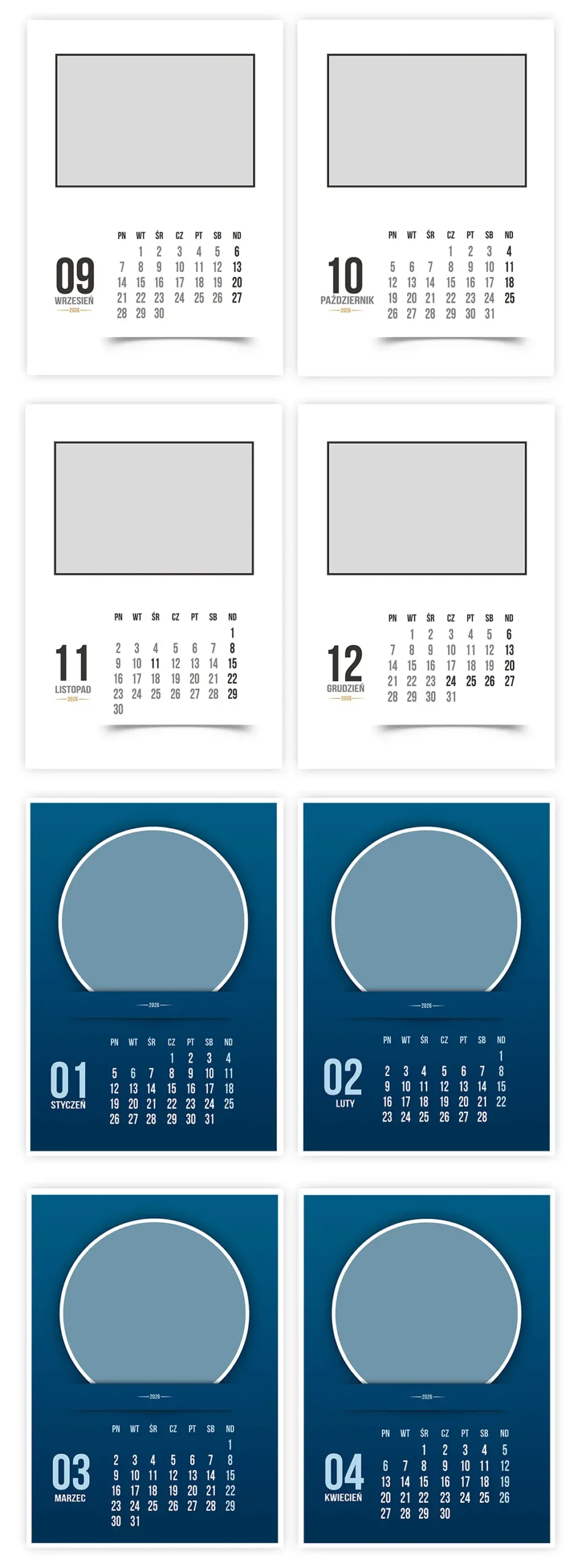 Designerskie szablony kalendarzy psd A3 2026 – do druku
