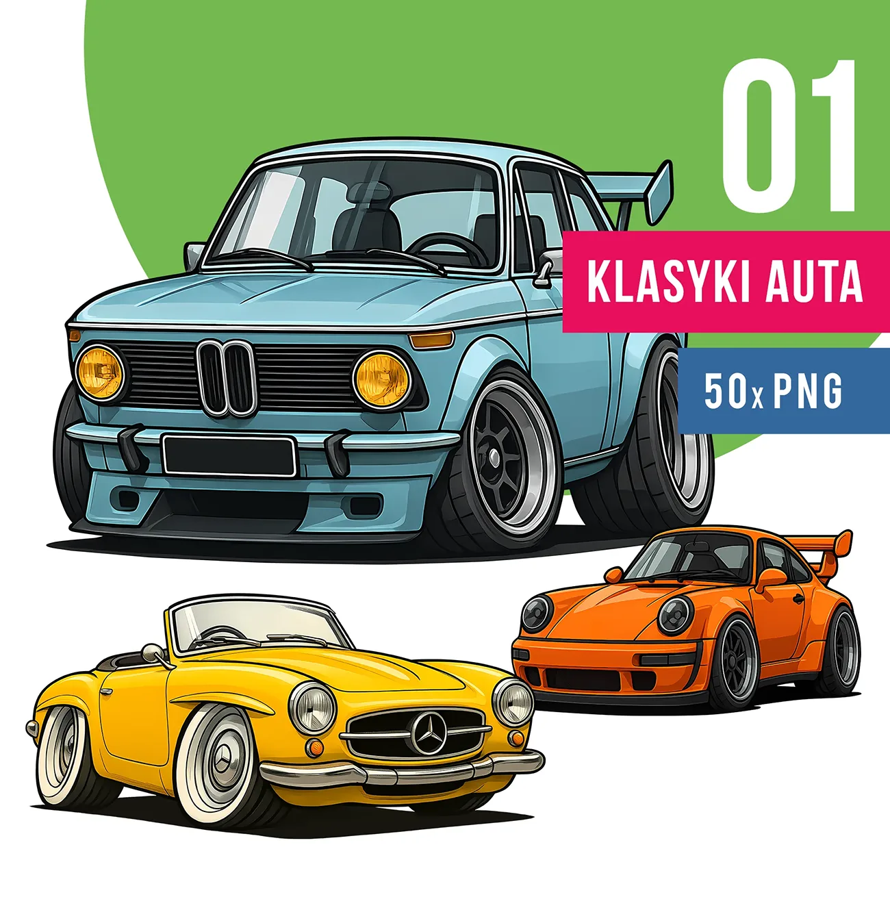 Zestaw 50 Clipartów Europejskie Samochody Sportowe Retro PNG